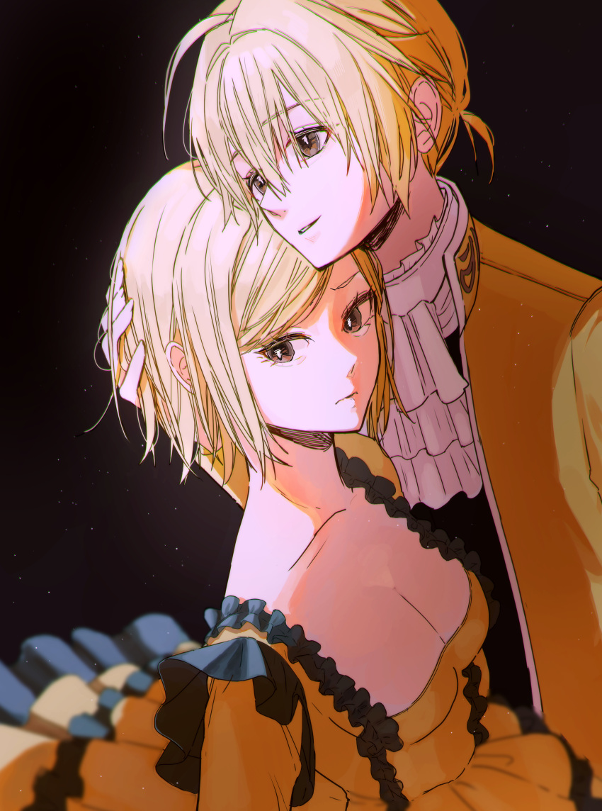 1boy 1girl absurdres ahoge aku_no_meshitsukai_(vocaloid) aku_no_musume_(vocaloid) black_shirt black_trim blonde_hair breasts brown_background cleavage closed_mouth collarbone dress frilled_dress frills hand_on_another's_head height_difference highres incest jacket kagamine_len kagamine_rin large_breasts light_particles looking_to_the_side miyononon shirt short_hair short_ponytail siblings sidelocks simple_background swept_bangs twins vocaloid yellow_dress yellow_eyes yellow_jacket