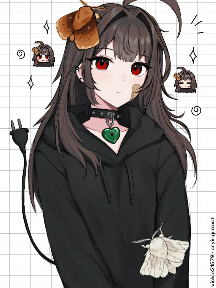 1girl ahoge animal_on_head artist_name bandaid bandaid_on_cheek bandaid_on_face black_collar black_hoodie brown_hair bug cable cable_tail circuit_board closed_mouth collar commentary drawstring ear_piercing electric_plug electric_plug_tail emoji grid_background hair_intakes heart highres hood hood_down hoodie long_hair looking_at_viewer mechanical_tail mole mole_under_eye moth negative_space on_head original piercing red_eyes ringed_eyes solo studded_collar tail tail_raised upper_body vickie_(cryingrobot) vickie_(cryingrobot)_(character) white_background