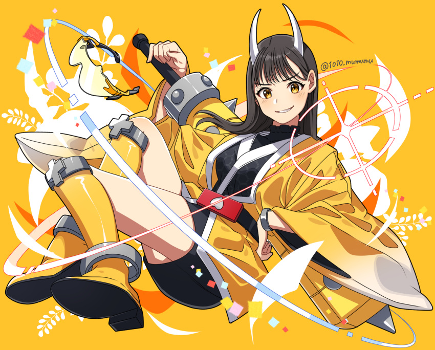 1010_mumumu 1girl adapted_costume avataro_sentai_donbrothers belt black_hair black_kimono boots club_(weapon) haori highres horns japanese_clothes kanabou kimono kito_haruka oni_sister smile sunglasses super_sentai unworn_eyewear weapon wide_sleeves yellow_background yellow_eyes