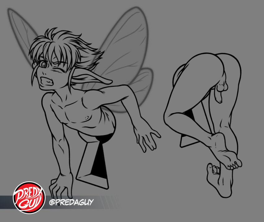 anthro balls berserk_(series) butt clenched_teeth elf flaccid flat_chested genitals greyscale humanoid insect_wings invalid_tag lock male monochrome nude penis perineum predaguy puck_(berserk) solo struggling struggling_to_fit teeth wings