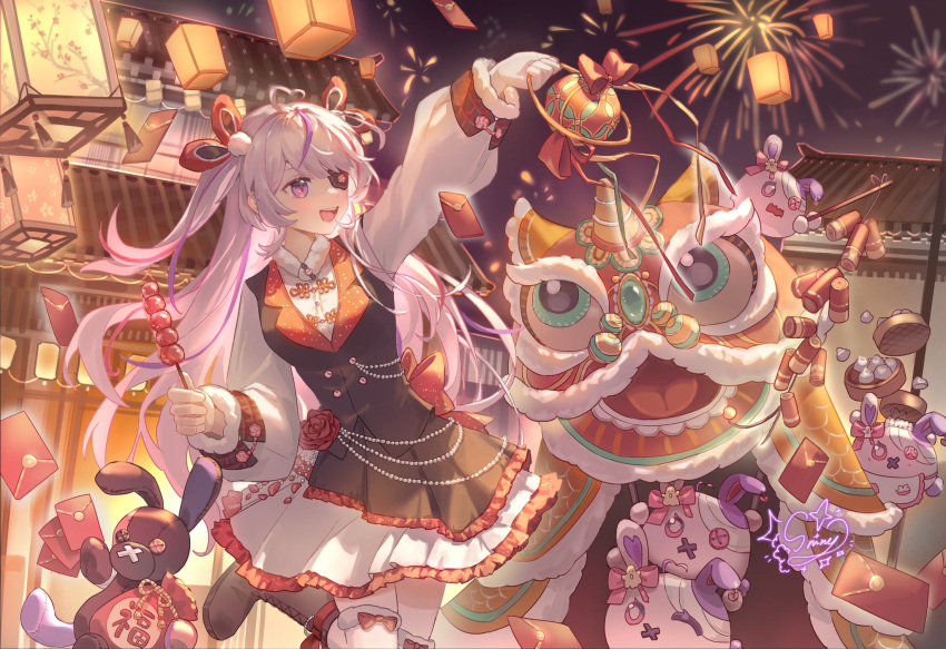 1girl ahoge arm_up artist_name blush bow chinese_commentary chinese_new_year corsage dumpling eyepatch firecrackers fireworks flower food fur_trim hair_bow heart heart_ahoge highres holding holding_food hongbao idol_clothes lantern lion_dance long_hair maria_marionette marippet_(maria_marionette) multicolored_hair night nijisanji nijisanji_en open_mouth pink_eyes pink_hair red_flower red_rose rose signature snine solo standing standing_on_one_leg streaked_hair tanghulu very_long_hair