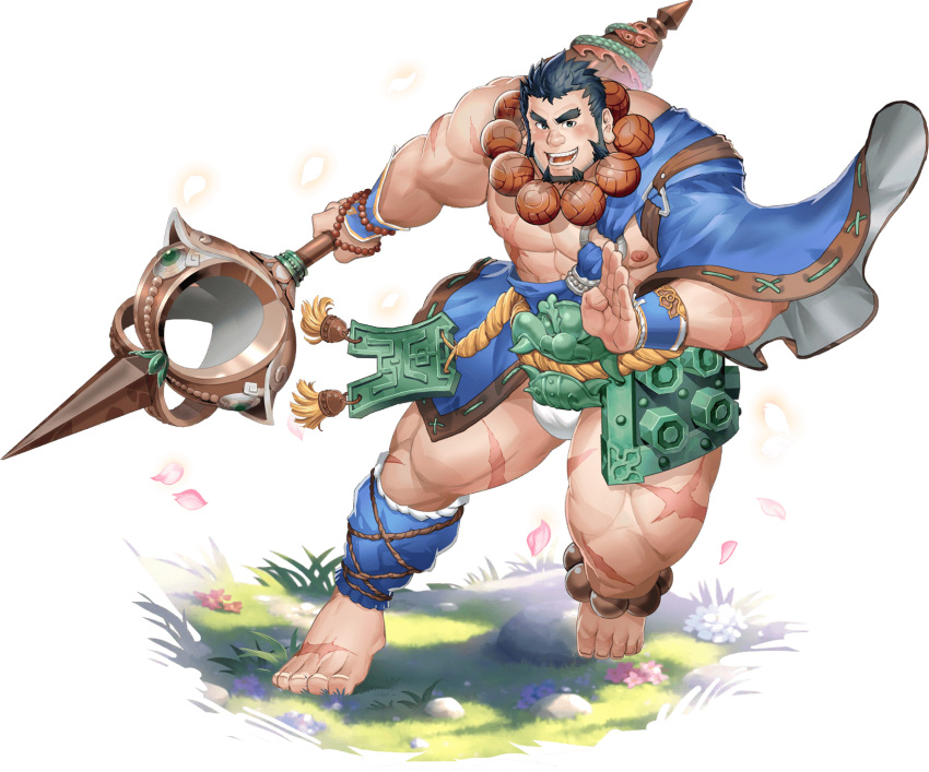1boy abs bara barefoot bead_necklace beads black_hair chiguo_(gyee) facial_hair falling_petals fundoshi gyee highres holding holding_weapon japanese_clothes jewelry large_pectorals long_sideburns looking_at_viewer male_focus muscular muscular_male necklace nipples official_art open_mouth pectorals petals scar scar_on_chest scar_on_leg short_hair sideburns smile solo thick_thighs thighs weapon wristband