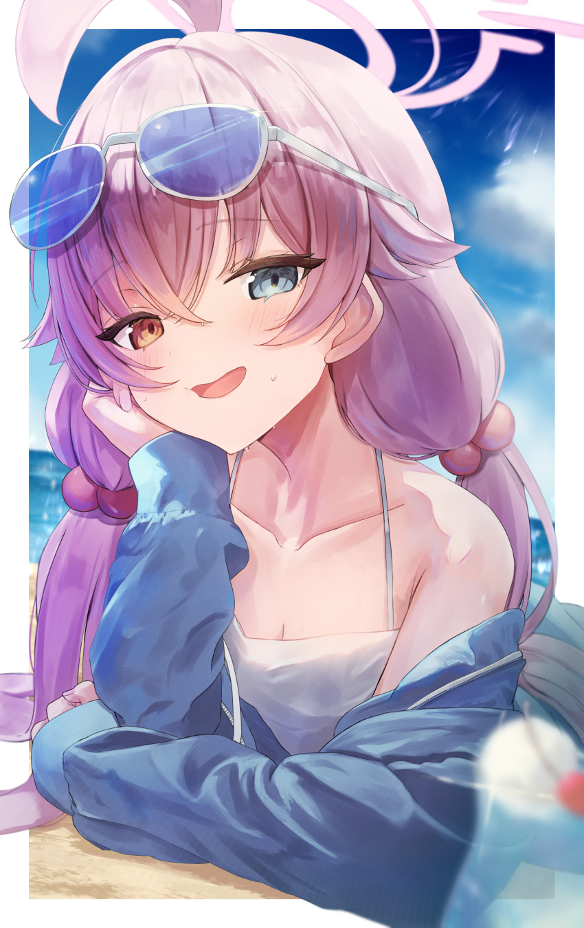 1girl ahoge bikini blue_archive blue_eyes blue_jacket blush eyewear_on_head frilled_bikini frills hair_between_eyes halo highres hoshino_(blue_archive) hoshino_(swimsuit)_(blue_archive) izuno_(izunoyoshiki) jacket long_hair long_sleeves looking_at_viewer official_alternate_costume open_clothes open_jacket open_mouth pink_hair pink_halo solo sunglasses swimsuit upper_body white_bikini yellow_eyes