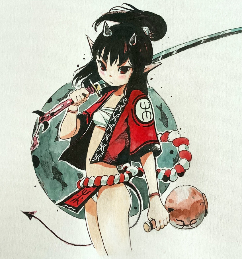 1girl blush commentary cowboy_shot demon_girl demon_horns demon_tail english_commentary highres horns jug_(bottle) katana long_hair looking_at_viewer moonshen_timojim navel original painting_(medium) pointy_ears ponytail solo sword tail traditional_media watercolor_(medium) weapon white_background