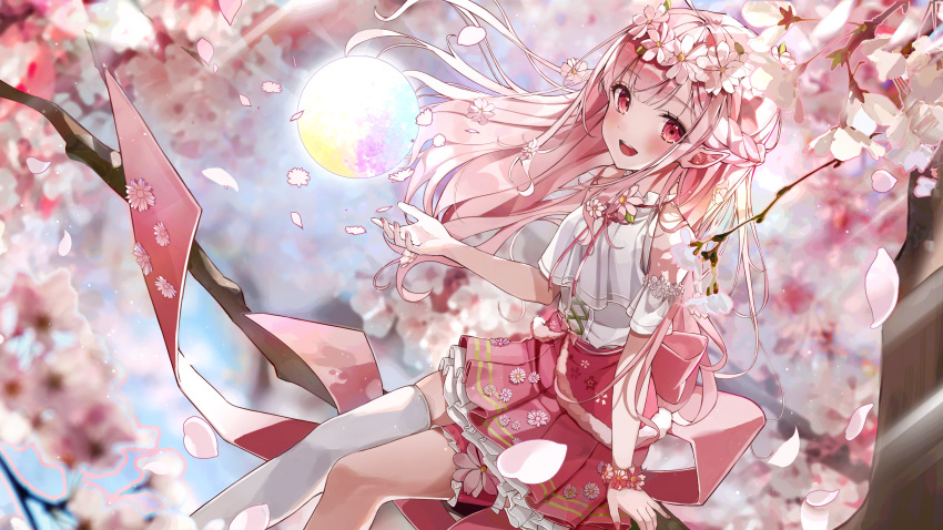 1girl absurdres branch character_request cherry_blossoms copyright_request eumi_114 flower hair_flower hair_ornament highres long_hair looking_at_viewer official_art open_mouth pink_eyes pink_flower pink_hair pointy_ears single_thighhigh sitting smile thighhighs virtual_youtuber white_thighhighs