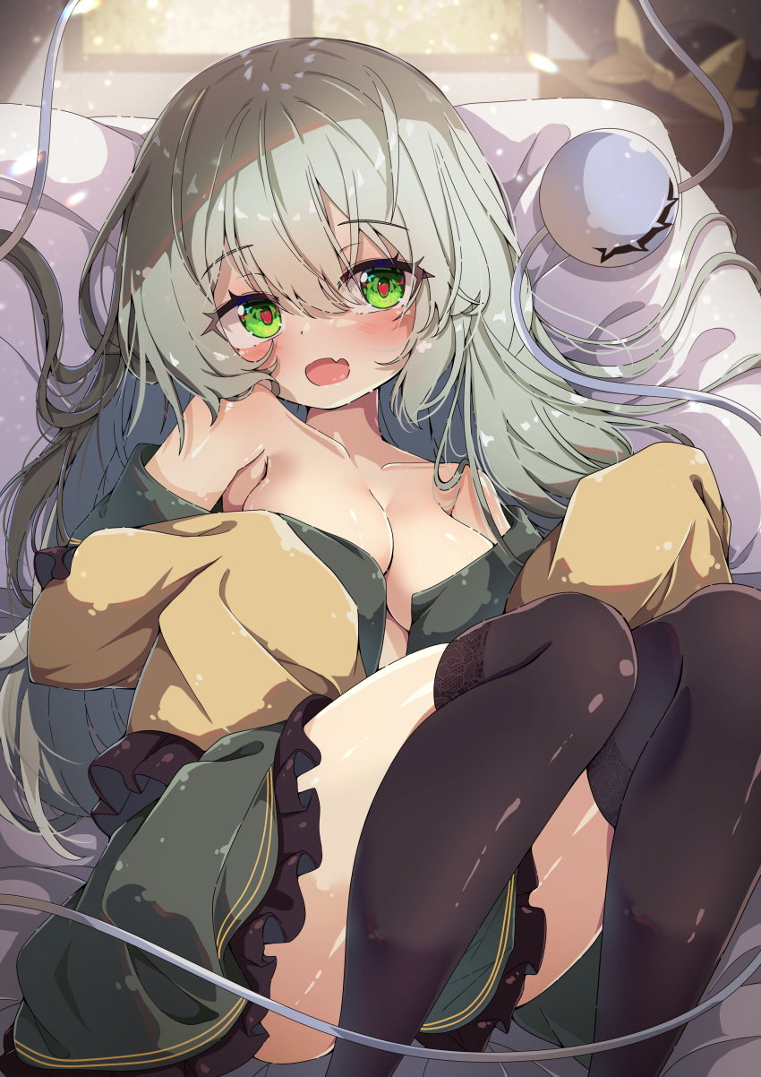 1girl absurdres black_headwear black_thighhighs blurry blush bow breasts commentary_request depth_of_field dfra eyeball fang frilled_sleeves frills green_eyes green_hair hat hat_bow hat_ribbon heart heart-shaped_pupils highres indoors komeiji_koishi large_breasts light_particles long_hair looking_at_viewer no_bra off_shoulder open_mouth partially_undressed pillow reclining ribbon shirt skin_fang skirt sleeves_past_fingers sleeves_past_wrists smile solo string symbol-shaped_pupils thighhighs third_eye touhou unworn_hat unworn_headwear wide_sleeves window yellow_bow yellow_shirt