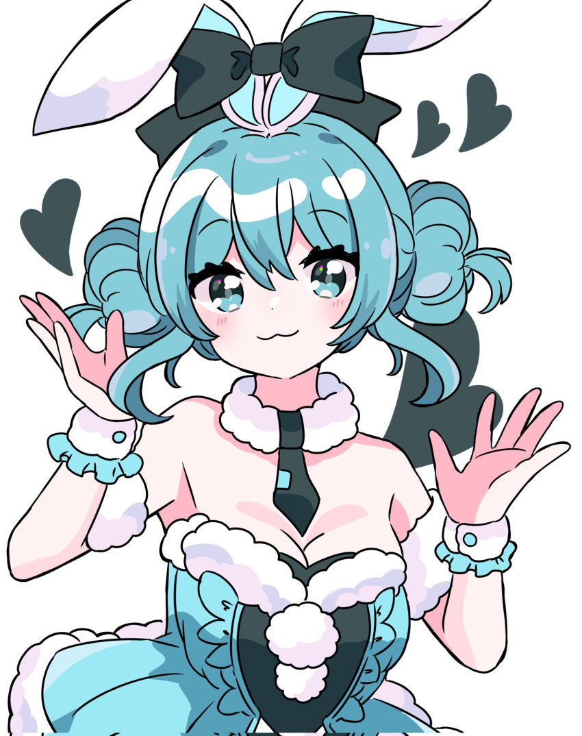 1girl :3 amani_wako animal_ears bare_shoulders bicute_bunnies_miku black_bow black_necktie blue_dress blue_eyes blue_hair blush bow breasts double_bun dress fur-trimmed_dress fur_trim hair_bun hatsune_miku heart highres looking_at_viewer medium_breasts necktie open_hands rabbit_ears simple_background smile solo strapless strapless_dress tied_ears vocaloid white_background wrist_cuffs