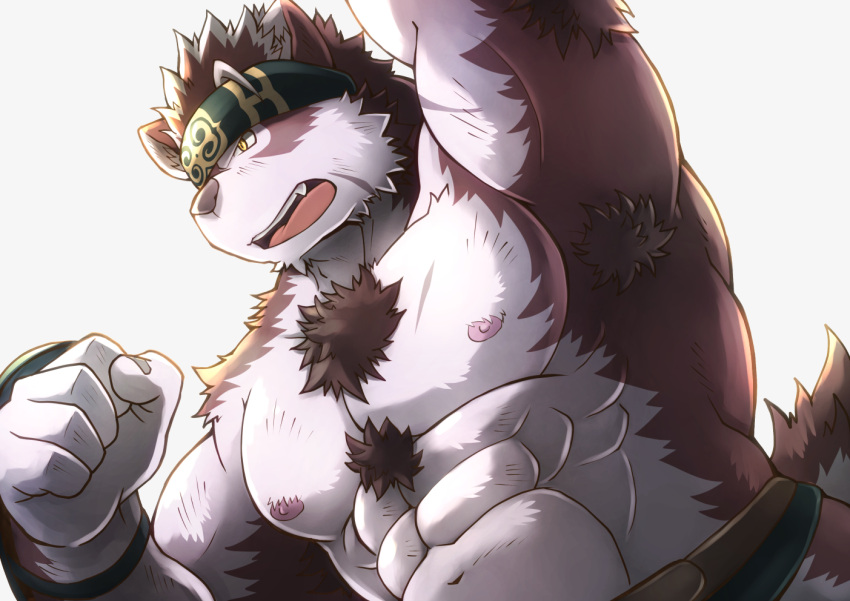 1boy ainu_clothes animal_ears arm_up armpit_hair armpits artist_request bara chest_hair chest_tuft clenched_hand fang fang_out from_side furry furry_male grey_fur grey_hair headband horkeu_kamui large_pectorals male_focus muscular muscular_male pectorals short_hair solo tokyo_afterschool_summoners topless_male two-tone_fur upper_body wolf_boy wolf_ears yellow_eyes