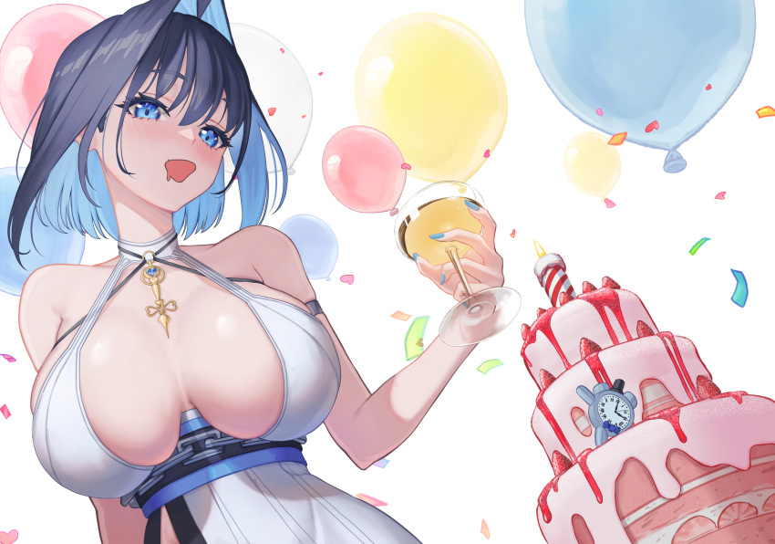 1girl alternate_costume armlet balloon bare_shoulders birthday_cake black_hair blue_eyes blue_hair blue_nails blush breasts breasts_apart cake candle chain colored_inner_hair commentary confetti cup dress drooling english_commentary fingernails food fruit hair_intakes halter_dress halterneck hand_up highres holding holding_cup hololive hololive_english kronie_(ouro_kronii) large_breasts layer_cake long_fingernails long_long_life mouth_drool multicolored_hair nail_polish o-ring open_mouth ouro_kronii short_hair skindentation solo strawberry two-tone_hair underbust upper_body virtual_youtuber white_background white_dress