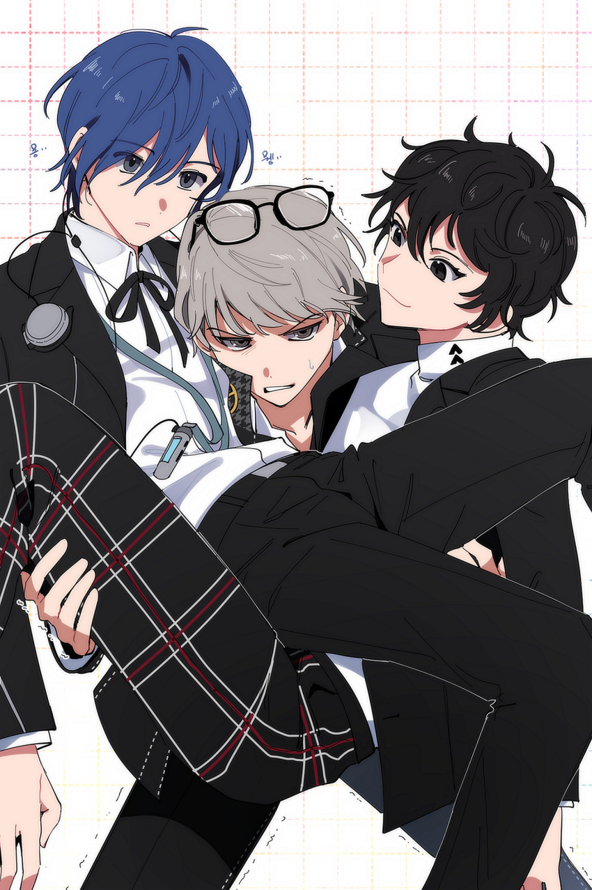 3boys amamiya_ren annoyed black_eyes black_hair blue_eyes blue_hair carrying carrying_person clenched_teeth collared_shirt digital_media_player elut eyewear_on_head gekkoukan_high_school_uniform glasses grey_eyes grey_hair hair_between_eyes headphones highres jacket looking_at_another male_focus multiple_boys narukami_yuu persona persona_3 persona_4 persona_5 princess_carry school_uniform shirt short_hair shuujin_academy_school_uniform smile standing teeth white_background yasogami_school_uniform yuuki_makoto_(persona_3)