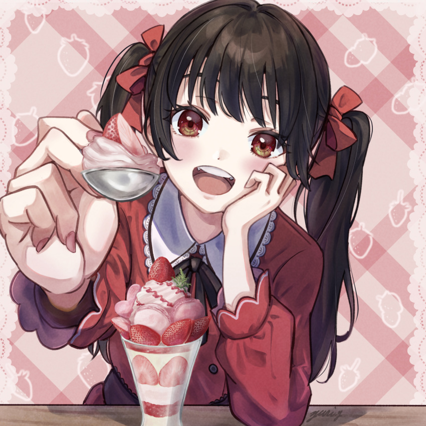 1girl black_bow black_hair bow collared_dress collared_shirt dress food frilled_shirt_collar frills fruit head_tilt highres holding holding_spoon incoming_food open_mouth original parfait red_dress red_eyes shirt spoon strawberry twintails upper_body yuri_yone
