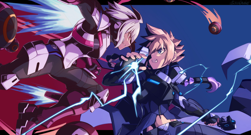 2boys absurdres acura_(gunvolt) ahoge armor artist_name azure_striker_gunvolt azure_striker_gunvolt_2 blonde_hair blue_background blue_coat braid braided_ponytail coat electricity fighting gun gunvolt highres holding holding_gun holding_weapon long_hair multiple_boys power_armor purple_background red_eyes short_hair thrusters weapon white_armor white_background zealmaker