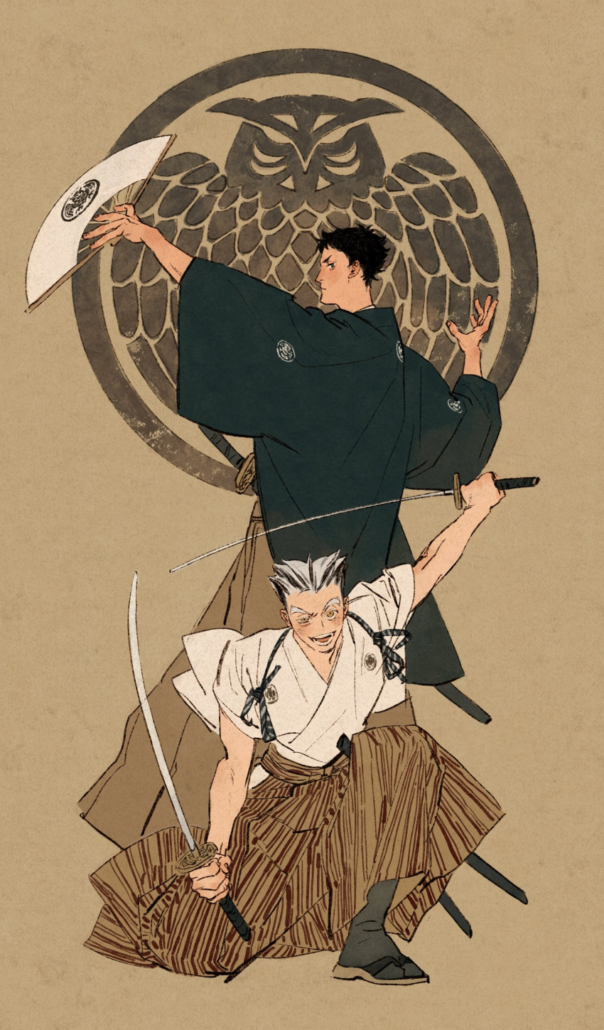 2boys absurdres akaashi_keiji arm_up bird black_eyes black_hair bokuto_koutarou brown_background brown_pants chengongzi123 closed_mouth commentary dual_wielding full_body grey_hair haikyuu!! hakama hakama_pants hand_fan hand_up highres holding holding_fan holding_sword holding_weapon japanese_clothes katana long_sleeves looking_at_viewer male_focus multicolored_hair multiple_boys on_one_knee owl pants paper_fan sandals sheath sheathed short_hair simple_background standing streaked_hair sword symbol-only_commentary tabi very_short_hair weapon wide_sleeves yellow_eyes