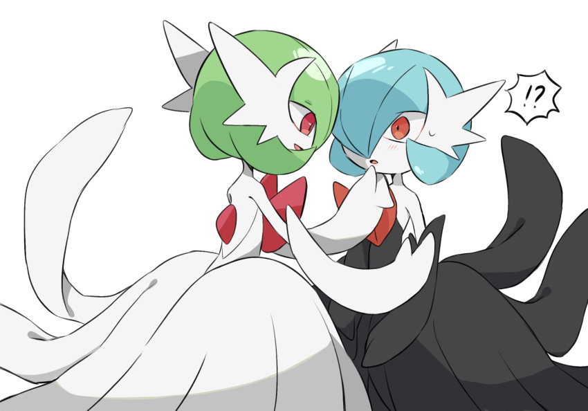 alternate_color black_dress black_gloves blue_hair bob_cut dress elbow_gloves em_ivy_akippoi gardevoir gloves green_hair hand_on_another's_chin highres mega_gardevoir open_mouth pink_eyes pokemon pokemon_(creature) shiny_pokemon simple_background strapless strapless_dress white_background white_dress