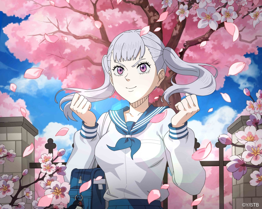 1girl bag black_clover black_clover_m:_rise_of_the_wizard_king blue_bag blue_neckerchief blue_sailor_collar blue_sky breasts cherry_blossoms clenched_hands day falling_petals flower grey_hair highres looking_at_viewer medium_breasts medium_hair neckerchief noelle_silva official_alternate_costume official_art outdoors petals pink_flower pink_petals purple_eyes sailor_collar school_bag school_uniform serafuku shirt sky smile solo tree twintails upper_body white_serafuku white_shirt