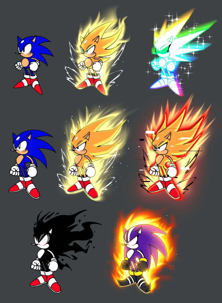 aura dark_sonic darkspine_sonic frown gloves glowing glowing_eyes green_eyes grey_background highres hyper_sonic maxoke multiple_persona red_eyes red_footwear serious smile sonic_(series) sonic_and_the_secret_rings sonic_frontiers sonic_the_hedgehog sonic_the_hedgehog_(classic) sonic_the_hedgehog_3 sonic_x sparkle spiked_hair super_sonic super_sonic_2 white_gloves