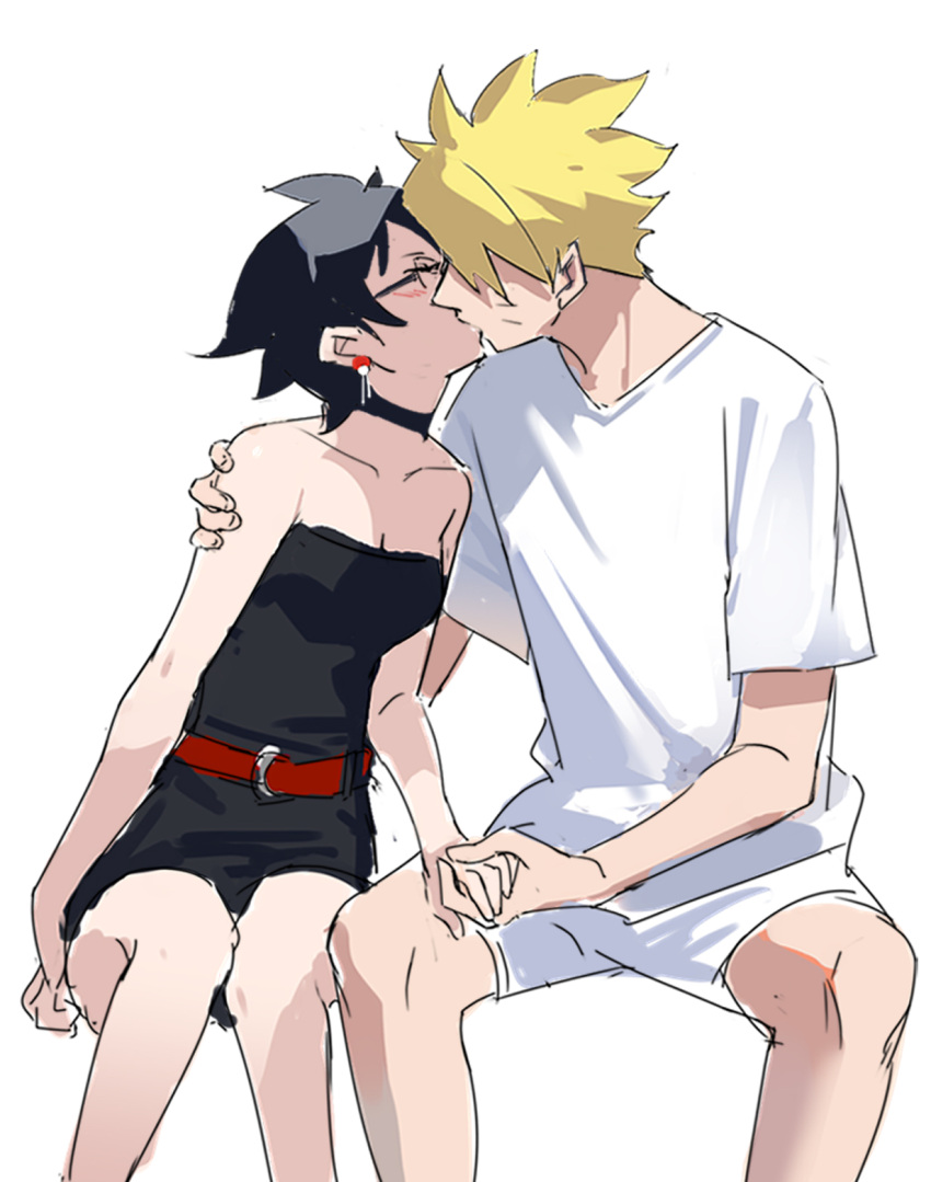 1boy 1girl black_dress black_hair blonde_hair boruto:_naruto_next_generations boruto:_two_blue_vortex cat_(pixiv5891854) closed_eyes commentary_request dress earrings glasses hetero highres holding_hands jewelry kiss naruto_(series) pointy_hair shirt short_hair short_sleeves shorts simple_background sitting strapless strapless_dress uchiha_sarada uzumaki_boruto white_background white_shirt white_shorts