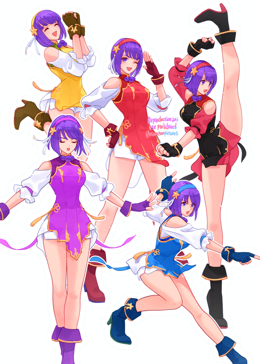 absurdres alternate_color asamiya_athena black_dress blue_dress china_dress chinese_clothes closed_eyes clothing_cutout dress fingerless_gloves gloves hair_ornament hairband hand_on_own_hip highres idol jewelry multiple_views namisonpictures necklace purple_eyes purple_hair red_dress red_hairband salute short_hair short_shorts shorts shoulder_cutout star_(symbol) star_hair_ornament the_king_of_fighters