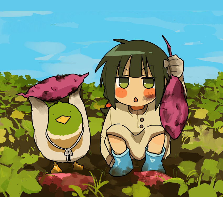 1girl :&lt; arm_up bird blue_footwear blue_sky blush_stickers boots commentary day dirt_on_face farm field food full_body fuu_(ozu_(oz_yarimasu)) gloves green_eyes green_hair guu_(ozu_(oz_yarimasu)) highres holding holding_food legs_apart long_hair looking_at_viewer low_twintails open_mouth original outdoors ozu_(oz_yarimasu) short_twintails sidelocks sky squatting sweet_potato symbol-only_commentary twintails v-shaped_eyebrows