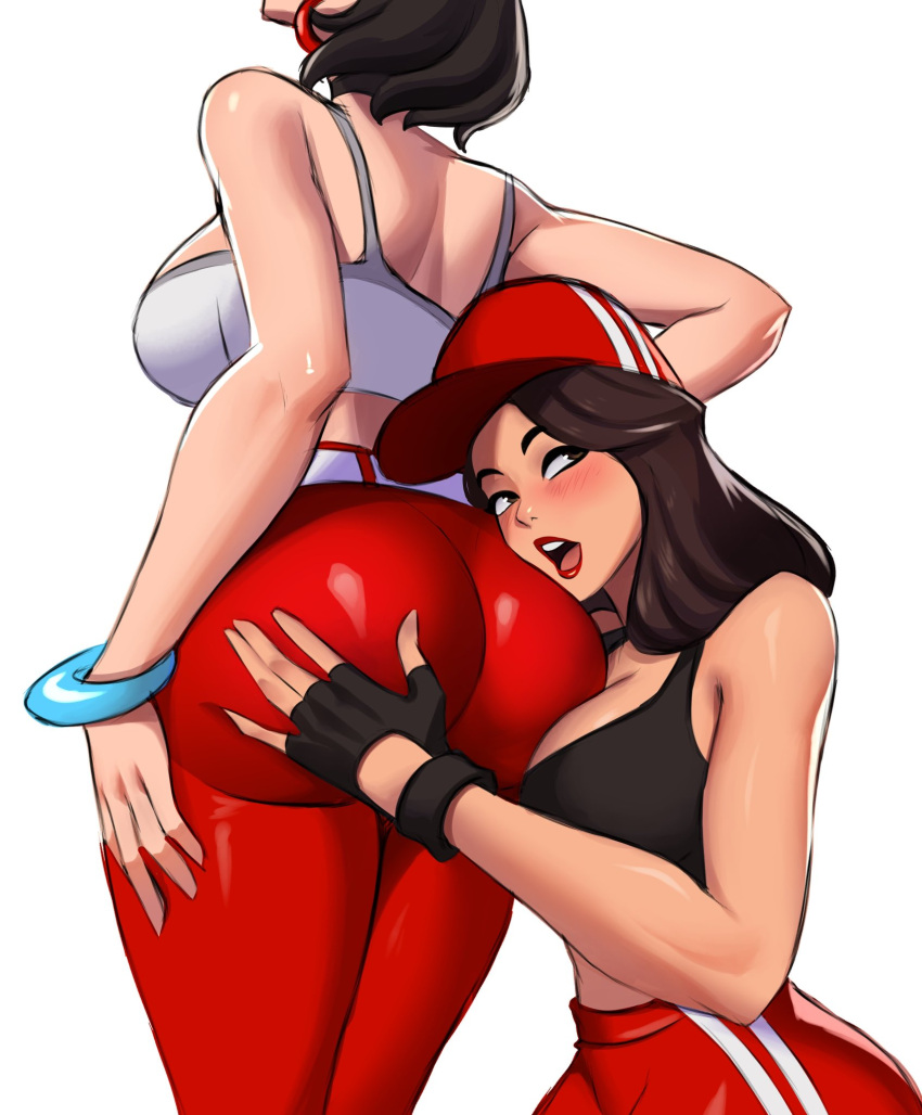 2girls arm_at_side ass ass_focus ass_grab ass_worship bangle baseball_cap belt black_choker black_hair black_sports_bra blush bracelet breasts brown_hair choker cleavage commentary denim earrings english_commentary evie_(fortnite) face_in_ass fingerless_gloves fortnite from_behind gloves grabbing_another's_ass groping hat head_out_of_frame highres hoop_earrings huge_ass jeans jewelry large_breasts lipstick long_hair looking_to_the_side magaska19 makeup multiple_girls pants red_headwear red_lips red_pants ruby_(fortnite) short_hair solo_focus sports_bra white_background white_belt white_sports_bra yoga_pants yuri