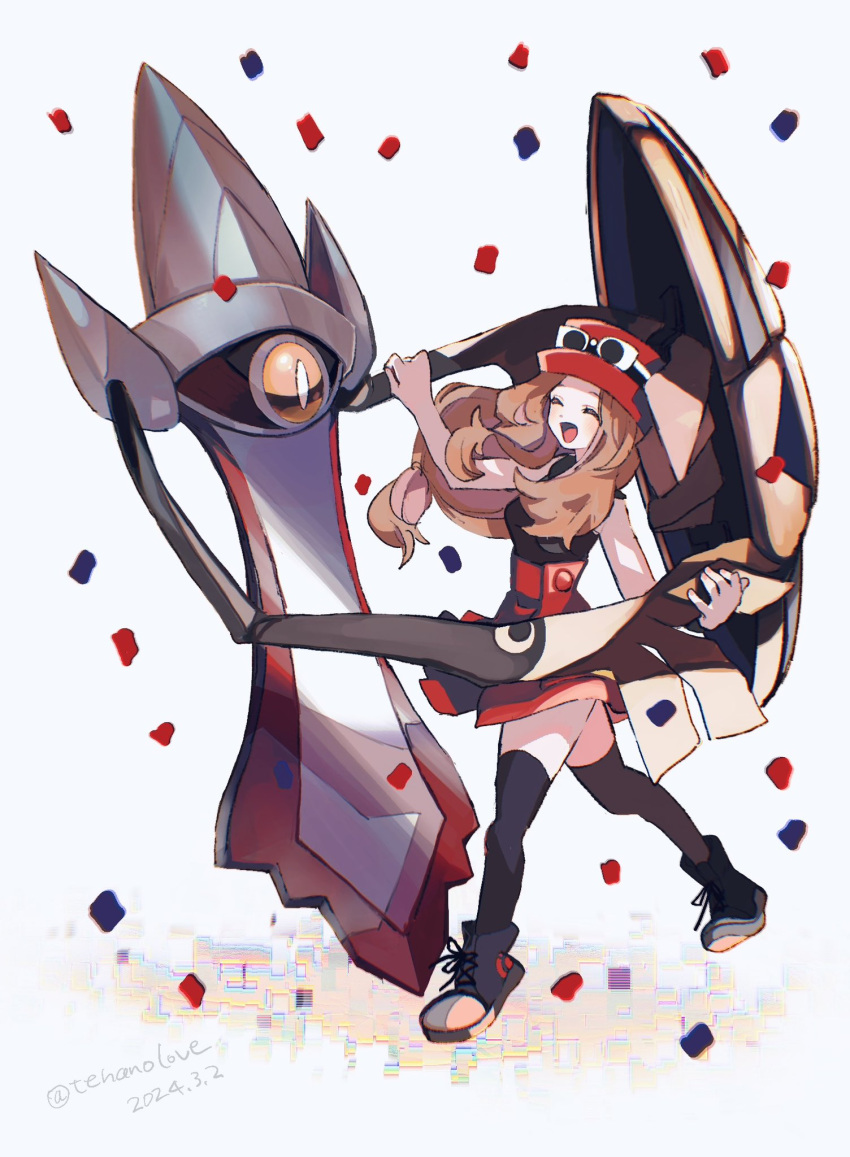 1girl :d aegislash alternate_color amezawa_koma artist_name black_thighhighs boots brown_hair closed_eyes commentary_request confetti cross-laced_footwear dancing dated eyewear_on_headwear floating hat highres long_hair pokemon pokemon_(creature) pokemon_xy red_headwear red_skirt serena_(pokemon) shiny_pokemon simple_background skirt smile sunglasses thighhighs white-framed_eyewear white_background