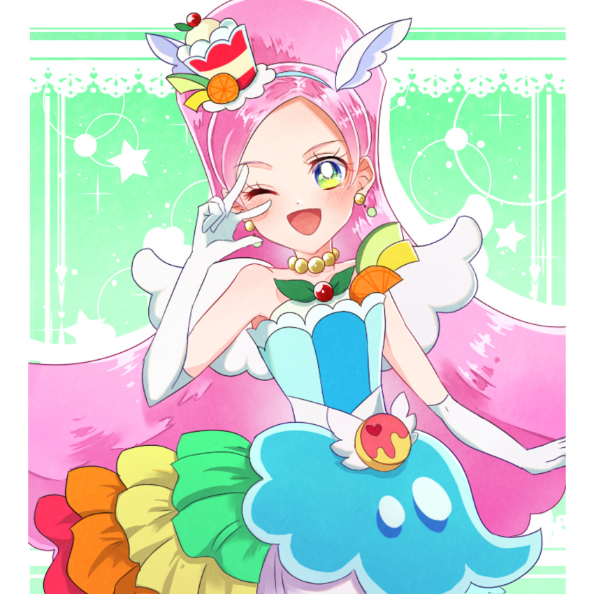 1girl animal_ears bare_shoulders berry blush choker commentary cure_parfait dress earrings elbow_gloves food food-themed_hair_ornament fruit gloves hair_ornament headband highres horse_ears jewelry kirahoshi_ciel kirakira_precure_a_la_mode kiwi_(fruit) leaf lemon long_hair looking_at_viewer multicolored_eyes orange_(fruit) parfait pearl_choker pearl_earrings pink_hair ponytail precure solo sparkle sparkling_eyes star_(symbol) strapless strapless_dress tail tanshi_tanshi white_gloves white_tail white_wings wings