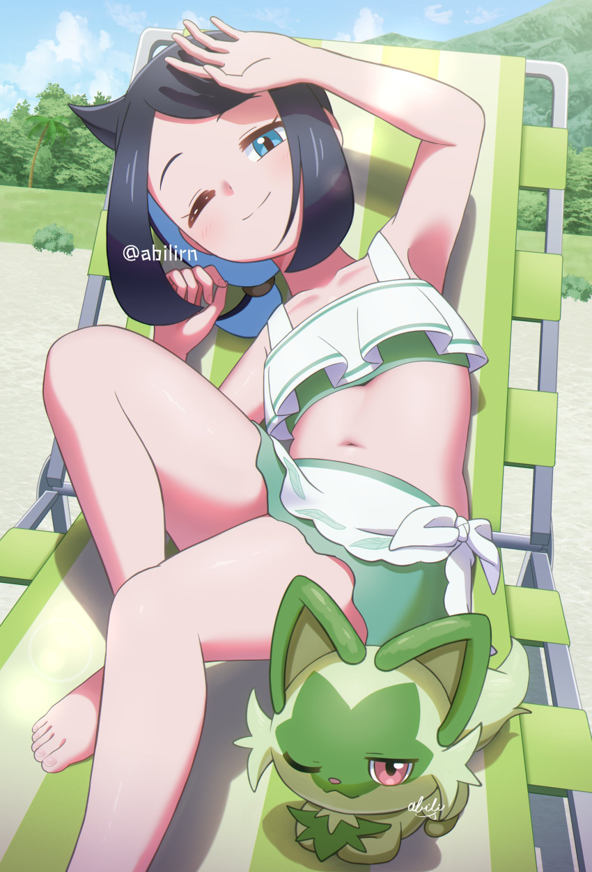1girl ;) absurdres armpits barefoot beach beach_chair bikini black_hair blue_eyes blue_hair breasts closed_mouth colored_inner_hair highres liko_(pokemon) looking_at_viewer multicolored_hair navel on_chair one_eye_closed outdoors palm_tree pokemer pokemon pokemon_(anime) pokemon_(creature) pokemon_horizons signature small_breasts smile sprigatito swimsuit tree
