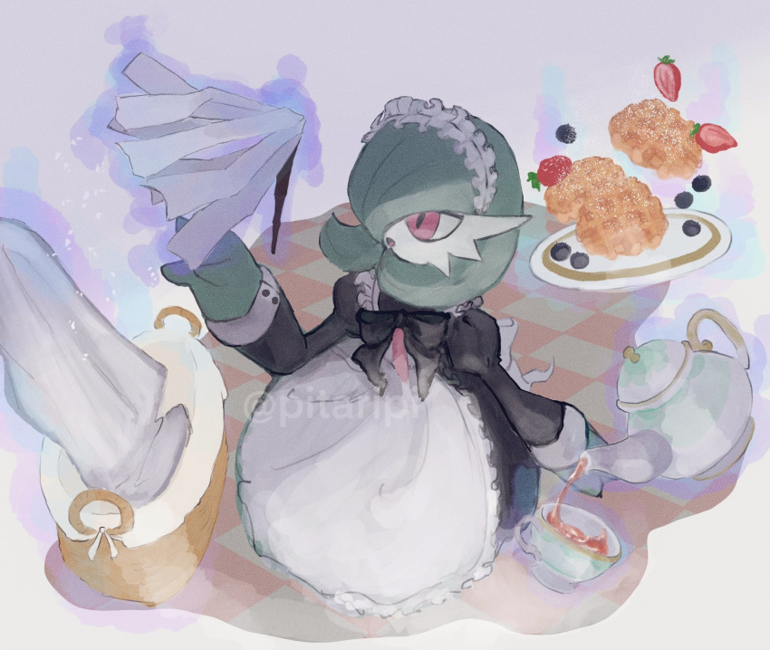 apron artist_name basket checkered_floor cup food fruit gardevoir green_hair highres maid maid_headdress open_mouth pink_eyes pitari pokemon pokemon_(creature) psychic strawberry tea teacup teapot white_apron