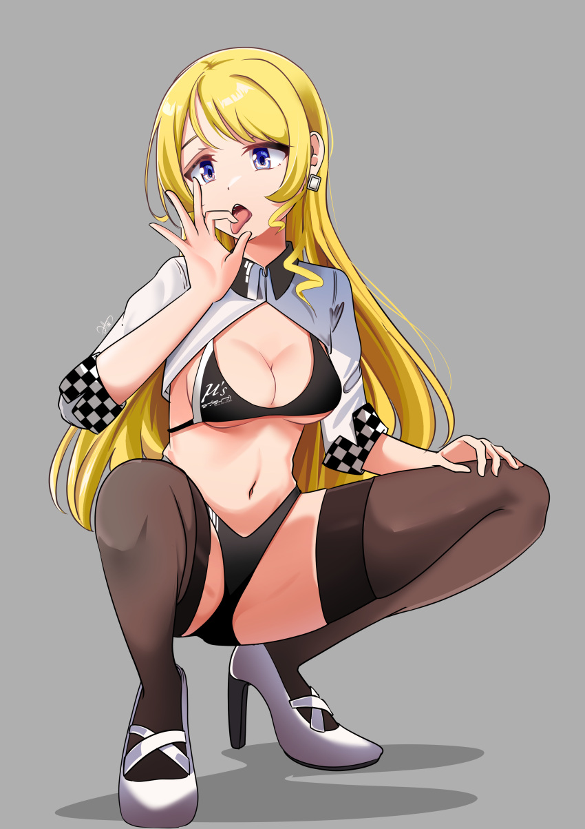 1girl absurdres atago_(azur_lane) atago_(azur_lane)_(cosplay) atago_(stunning_speedster)_(azur_lane) ayase_eli azur_lane bikini black_bikini black_thighhighs blonde_hair blue_eyes commission cosplay earrings group_name hair_down high_heels highres jewelry love_live! love_live!_school_idol_project official_alternate_costume race_queen shrug_(clothing) spread_legs squatting swimsuit thighhighs whin