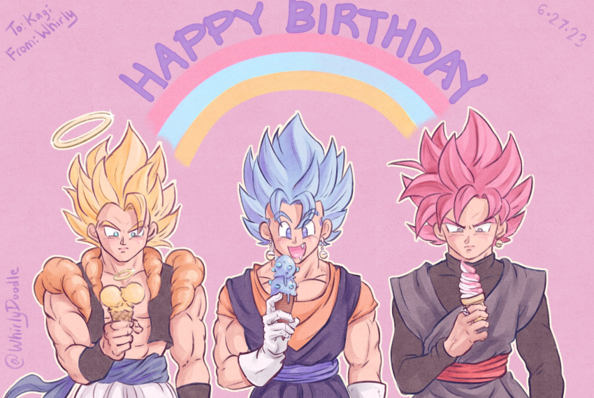 3boys abs blonde_hair blue_eyes blue_hair commentary dated dragon_ball dragon_ball_super dragon_ball_z earrings english_commentary food gloves gogeta goku_black green_eyes grey_eyes halo happy_birthday highres holding holding_food holding_ice_cream holding_ice_cream_cone ice_cream ice_cream_cone jewelry male_focus metamoran_vest multiple_boys muscular muscular_male open_mouth pink_hair potara_earrings raised_eyebrows single_earring smile super_saiyan super_saiyan_1 super_saiyan_blue super_saiyan_rose twitter_username vegetto whirlydoodle white_gloves