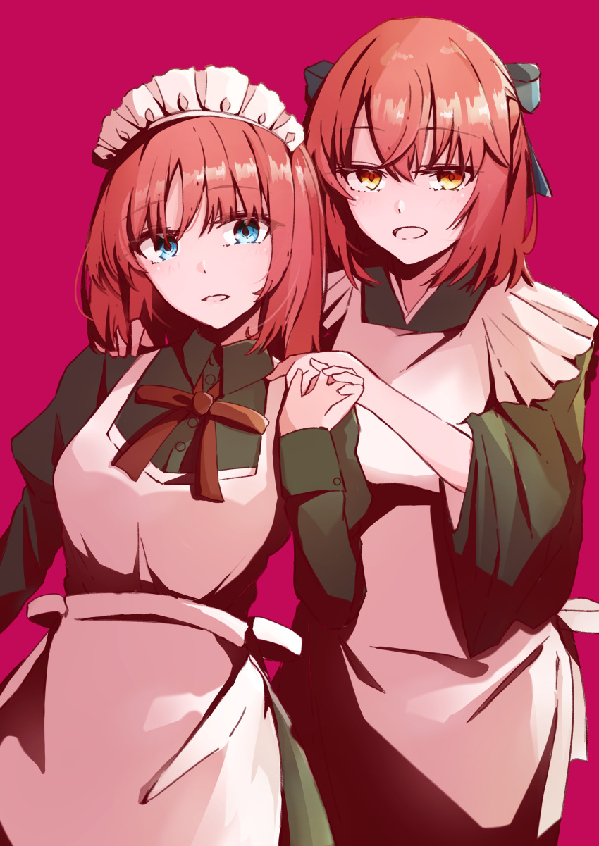 2girls absurdres alternate_costume apron black_bow black_dress blue_eyes blush bow breasts dress enmaided frilled_apron frills hair_between_eyes hair_bow hair_ribbon hands_on_another's_shoulder hashtag_only_commentary highres hisui_(tsukihime) japanese_clothes kimono kohaku_(tsukihime) long_hair long_sleeves looking_at_viewer maid maid_apron maid_headdress medium_breasts medium_hair multiple_girls neck_ribbon open_mouth pink_background puffy_sleeves red_hair red_ribbon ribbon short_hair siblings simple_background sisters smile tam002 tsukihime wa_maid waist_apron white_apron wide_sleeves yellow_eyes