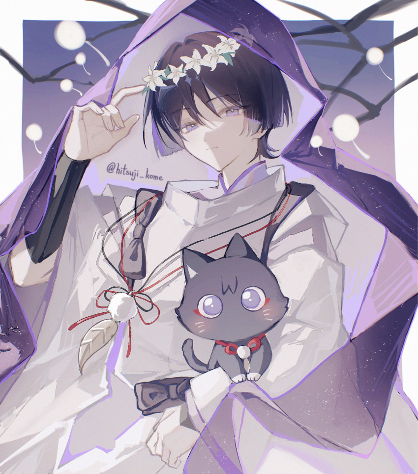 329kome adjusting_clothes adjusting_headwear animal black_cat black_hair black_sash cat closed_mouth flower genshin_impact hand_up head_wreath high_collar highres holding holding_animal holding_cat jewelry long_sleeves necklace purple_eyes purple_hair purple_shirt purple_veil sash scaramouche_(cat)_(genshin_impact) scaramouche_(genshin_impact) shirt short_hair simple_background tabard twitter_username wanderer_(genshin_impact) white_flower white_tabard wide_sleeves