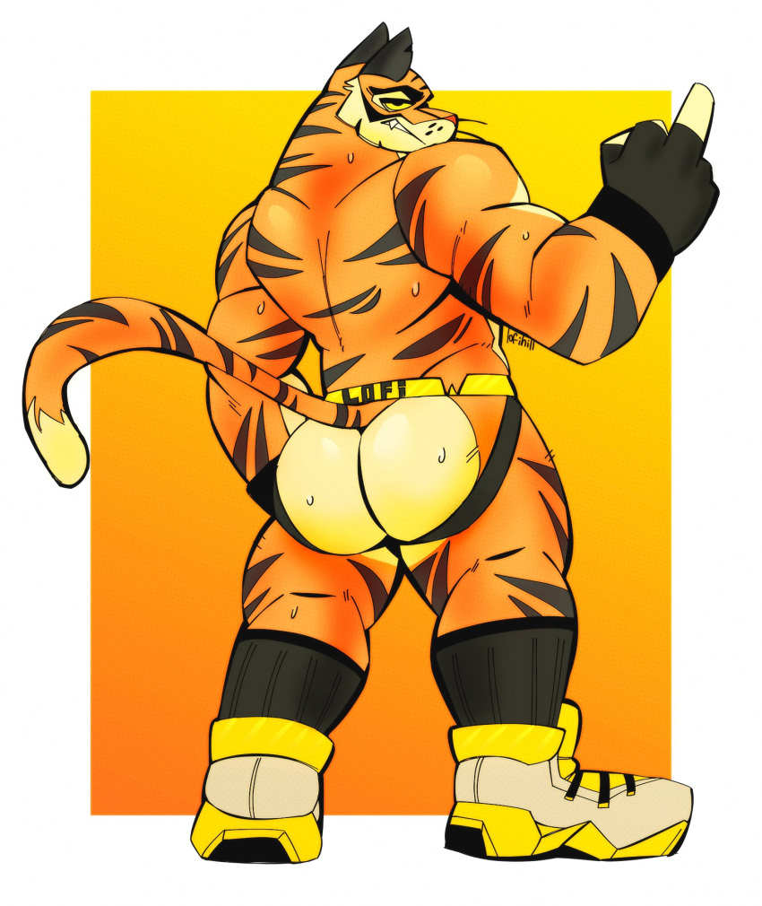 anthro big_butt bodily_fluids butt clothing epic_games felid footwear fortnite gesture hand_gesture hi_res jockstrap lofihill looking_at_viewer looking_back male mammal middle_finger mostly_nude muscular muscular_male oscar_(fortnite) pantherine shoes sneakers socks solo striped_body stripes sweat thick_thighs tiger underwear