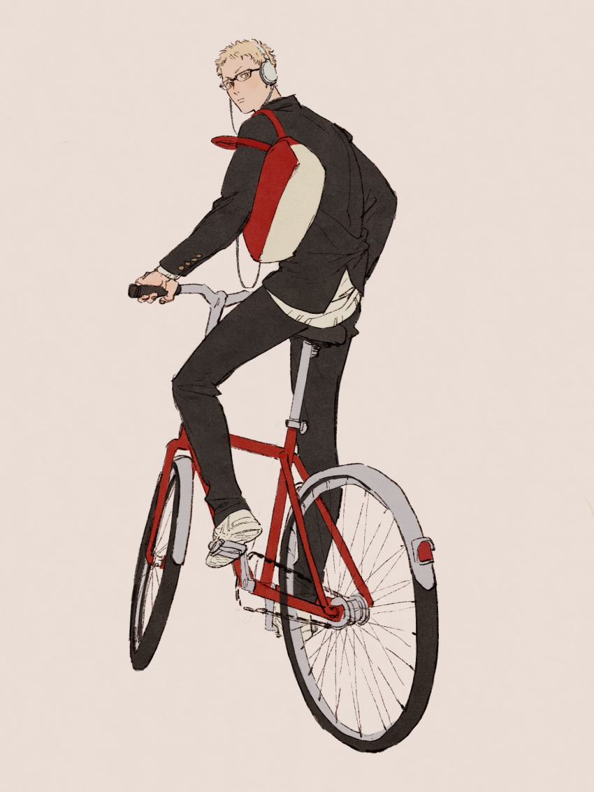 1boy bicycle black_jacket black_pants blonde_hair brown_background brown_eyes chengongzi123 closed_mouth collared_shirt from_behind full_body gakuran glasses haikyuu!! hand_in_pocket headphones highres jacket long_sleeves looking_at_viewer looking_back male_focus pants red_bag riding riding_bicycle school_uniform shirt shoes short_hair simple_background sneakers tsukishima_kei very_short_hair