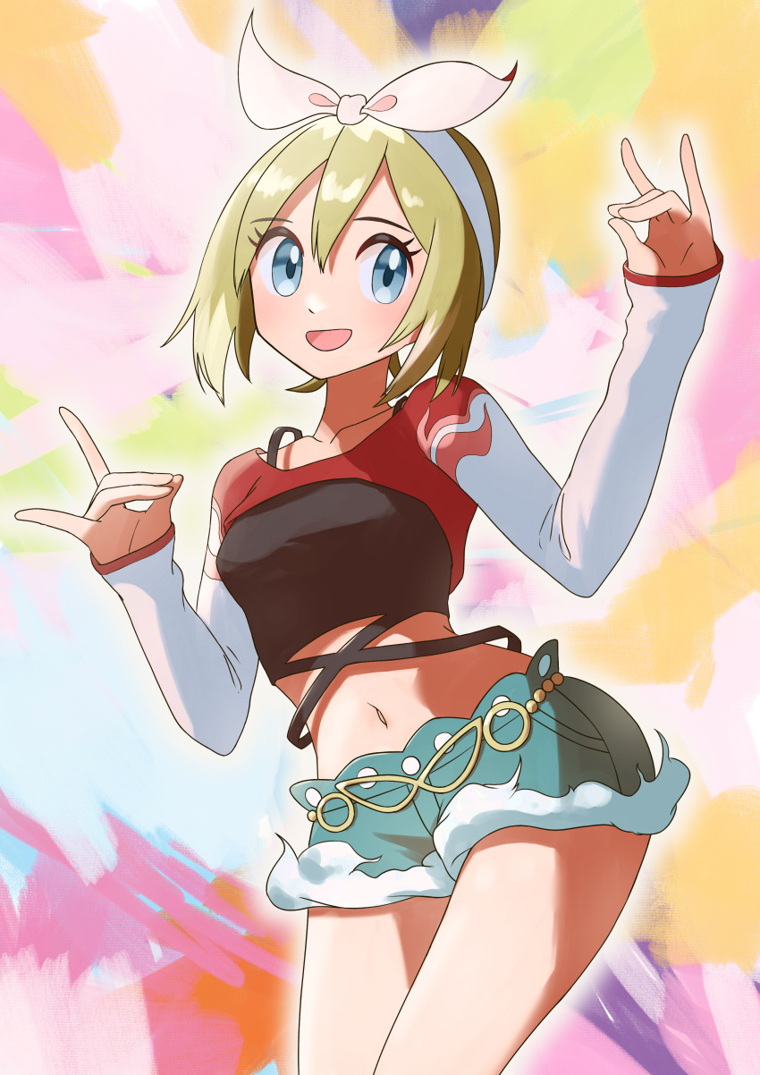 1girl :d absurdres blonde_hair bow_hairband collarbone commentary_request cropped_shirt double_fox_shadow_puppet eyelashes fox_shadow_puppet green_shorts grey_eyes hair_between_eyes hairband highres irida_(pokemon) irida_(special_costume)_(pokemon) long_sleeves mikan_(mikan_no_happa) navel official_alternate_costume open_mouth pokemon pokemon_masters_ex shirt short_hair short_shorts shorts sleeves_past_wrists smile solo white_hairband