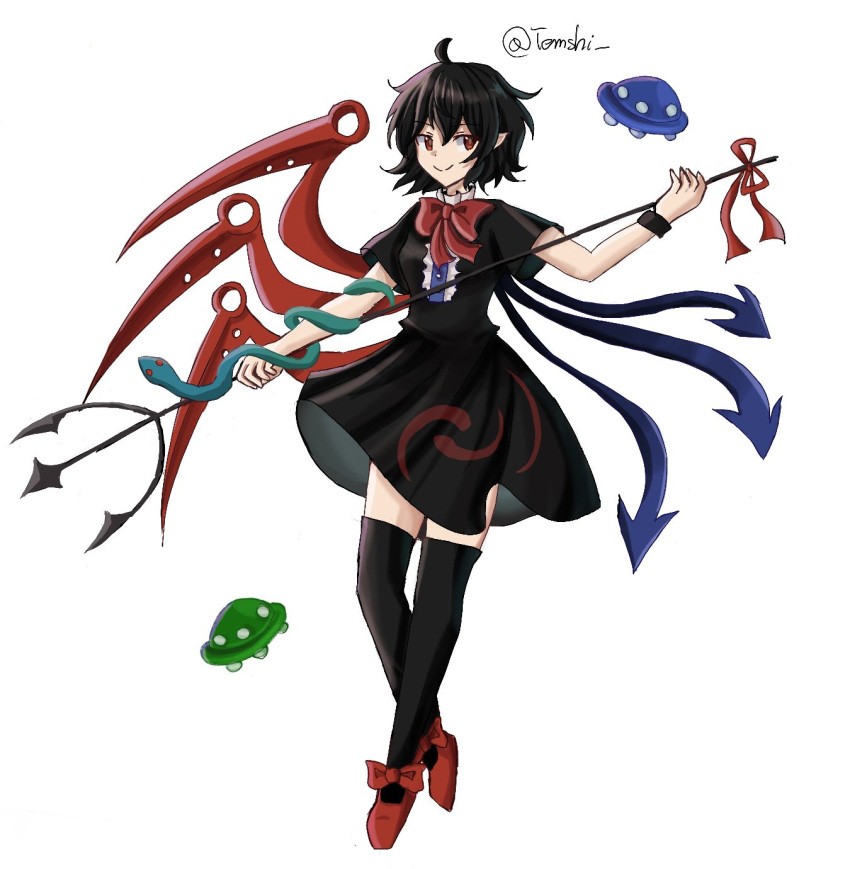 1girl ahoge asymmetrical_wings black_dress black_hair black_thighhighs bow bowtie dress highres houjuu_nue red_eyes short_hair short_sleeves smile solo temshi thighhighs touhou ufo weapon wings