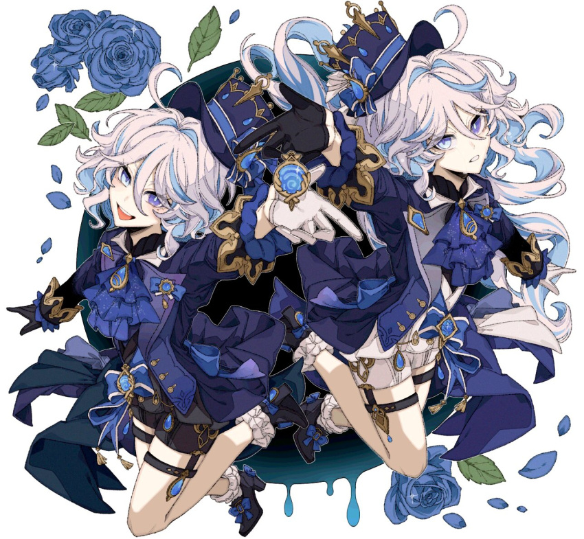 2girls :d ahoge arm_up ascot asymmetrical_gloves back_bow black_footwear black_gloves black_shirt black_shorts blue_ascot blue_background blue_bow blue_eyes blue_flower blue_gemstone blue_hair blue_headwear blue_jacket blue_rose blush bow brooch commentary_request crying crying_with_eyes_open dripping drop-shaped_pupils dual_persona eyelashes floating_hair flower footwear_bow frilled_sleeves frills furina_(genshin_impact) gem genshin_impact gloves hair_between_eyes hair_intakes half_gloves hat heterochromia high_heels jacket jewelry lapels leaf leg_up lira_(zag3w) long_hair long_sleeves looking_at_viewer mismatched_gloves mismatched_pupils multicolored_hair multiple_girls open_clothes open_jacket open_mouth parted_bangs parted_lips petals rose shirt shoes short_hair short_shorts shorts sidelocks simple_background smile socks sparkle streaked_hair swept_bangs symbol-shaped_pupils tassel tears teeth thigh_strap tilted_headwear top_hat upper_teeth_only very_long_hair vision_(genshin_impact) white_background white_gloves white_hair white_shirt white_shorts white_socks