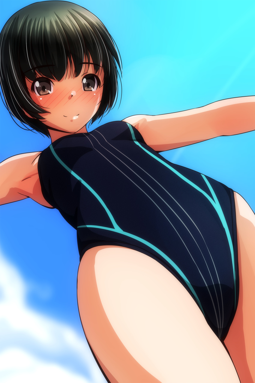 1girl absurdres black_hair black_one-piece_swimsuit blue_eyes blue_sky breasts cloud cowboy_shot from_below highleg highleg_swimsuit highres matsunaga_kouyou one-piece_swimsuit original outstretched_arms short_hair sky small_breasts solo standing swimsuit two-tone_swimsuit