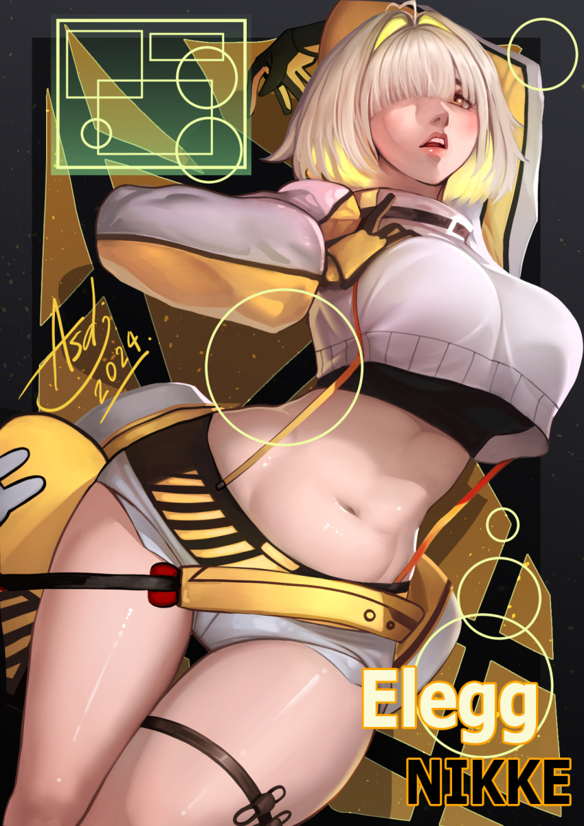 1girl 2024 ahoge asdj black_gloves black_sports_bra blonde_hair blush breasts brown_eyes character_name clip_studio_paint_(medium) clothing_cutout crop_top crop_top_overhang cropped_sweater elegg_(nikke) exposed_pocket gloves goddess_of_victory:_nikke grey_shorts hair_intakes hair_over_eyes hand_on_own_chest highres large_breasts long_bangs long_sleeves micro_shorts multicolored_clothes multicolored_gloves multicolored_hair navel nose parted_lips plump short_hair shorts shoulder_cutout signature solo sports_bra suspender_shorts suspenders thigh_gap thigh_strap thighs two-tone_hair yellow_gloves