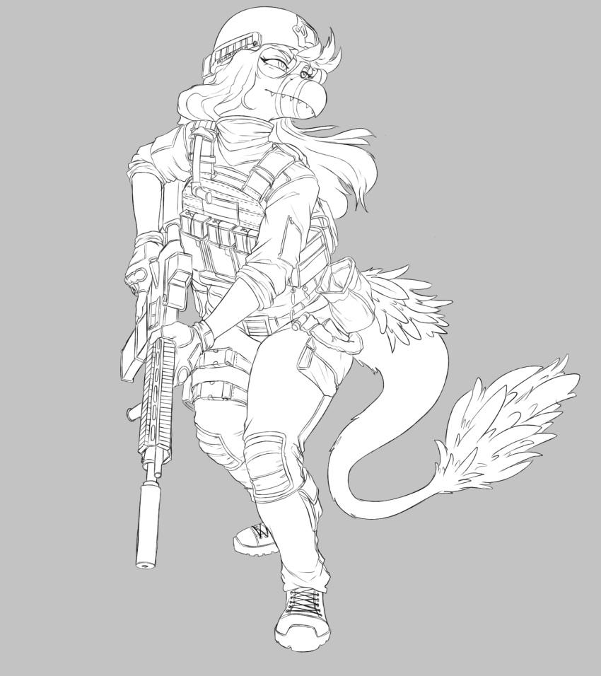 2024 anthro black_and_white boots bulletproof_vest cavemanon_studios claws clothing dinosaur dromaeosaurid eyelashes feathered_dinosaur feathered_tail feathers female fingerless_gloves footwear gloves gun hair handwear hi_res i_wani_hug_that_gator long_hair long_tail lunara_(iwhtg) military monochrome prometheuzone ranged_weapon reptile scalie sharp_teeth sketch snout soldier solo tactical_gear tail tail_tuft teeth theropod tuft velociraptor warrior weapon