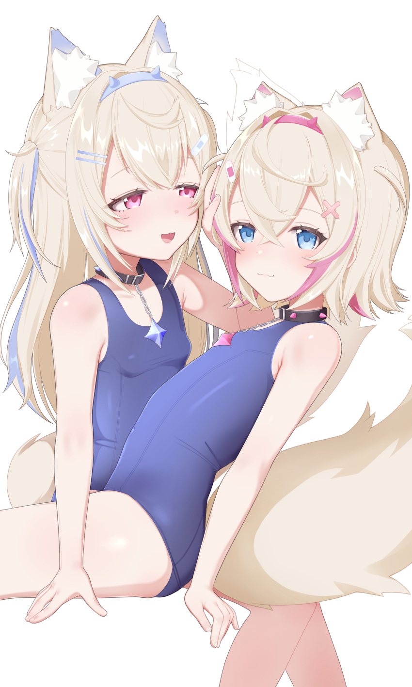 2girls :3 absurdres ahoge alternate_breast_size animal_ear_fluff animal_ears bandaid blonde_hair blue_eyes chain child collar dog_ears dog_tail flat_chest fuwawa_abyssgard goki_buri hair_ornament headpat highres hololive hololive_english long_hair looking_at_another mococo_abyssgard multiple_girls pink_eyes school_swimsuit short_hair short_twintails sitting size_difference smile spiked_collar spikes swimsuit tail twintails virtual_youtuber white_background yuri