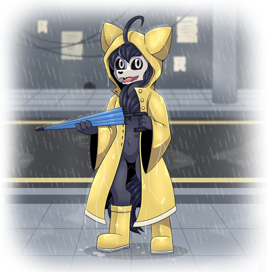 anthro boots canid canine clothing coat female footwear hi_res mammal raincoat raining road scp-1471 scp-1471-a scp_foundation solo topwear umbrella vavacung