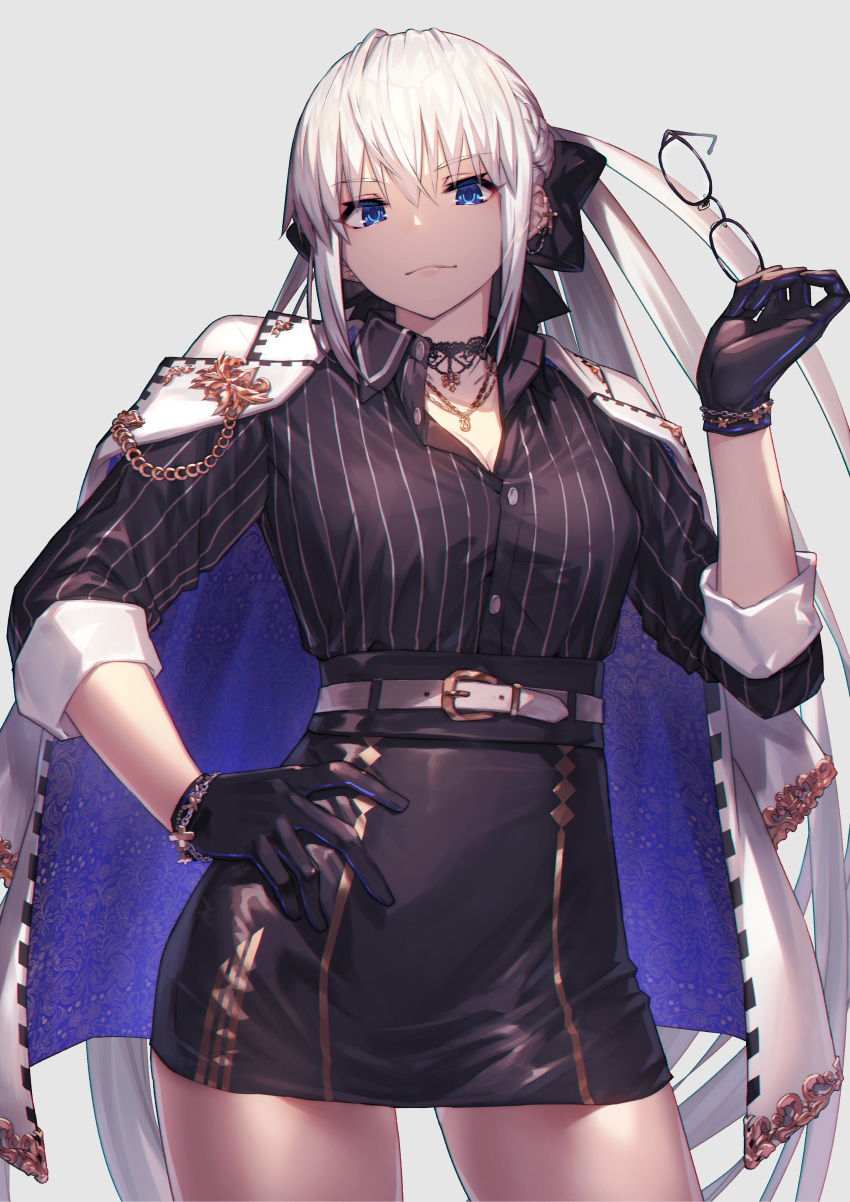 1girl absurdres bangs belt black_bow black_gloves black_shirt black_skirt blue_eyes bow braid breasts choker cleavage collared_shirt contrapposto cowboy_shot earrings eyewear_removed fate/grand_order fate_(series) french_braid glasses gloves grey_hair hair_bow high-waist_skirt highres jacket jacket_on_shoulders jewelry large_breasts long_hair long_sleeves looking_at_viewer morgan_le_fay_(fate) nakanishi_tatsuya necklace pencil_skirt ponytail revision shirt sidelocks skirt solo striped striped_shirt thighs vertical-striped_shirt vertical_stripes very_long_hair white_jacket