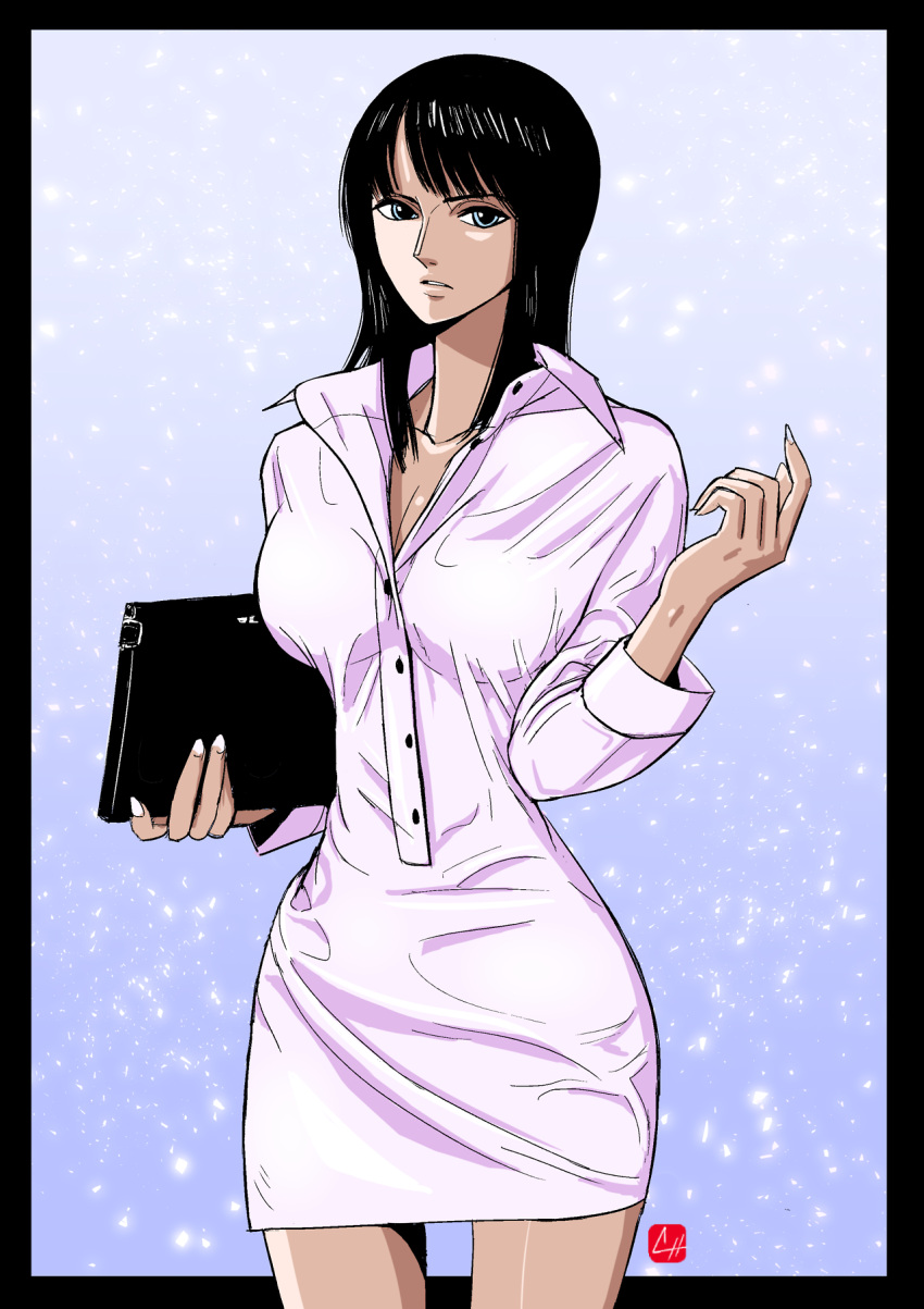 1girl arm_up black_border black_hair blue_eyes blunt_bangs book border chris_re5 collared_shirt commentary cowboy_shot gradient_background highres holding holding_book light_particles long_shirt medium_hair nico_robin one_piece purple_background shirt solo sparkle upper_body white_background white_nails