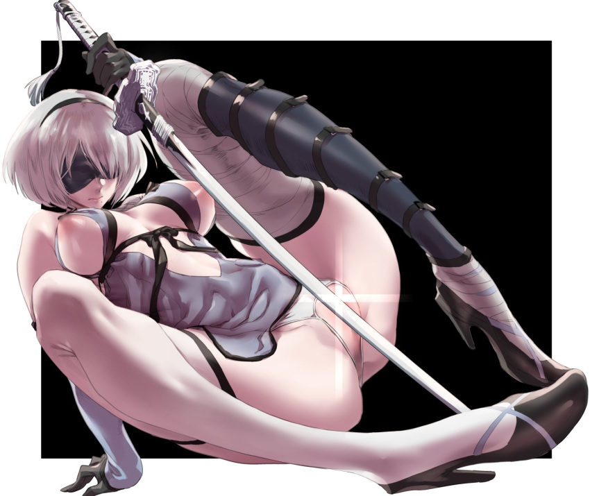 1girl 2b_(nier:automata) ass asymmetrical_clothes bandage_on_neck bandaged_arm bandaged_leg bandaged_neck bandages black_blindfold black_hairband blindfold breasts cleavage cosplay covered_eyes flower gloves hair_ornament hairband highres kaine_(nier) kaine_(nier)_(cosplay) lingerie mole mole_under_mouth negligee nier nier:automata nier_(series) nipples panties short_hair solo thigh_bands underwear white_hair zunta