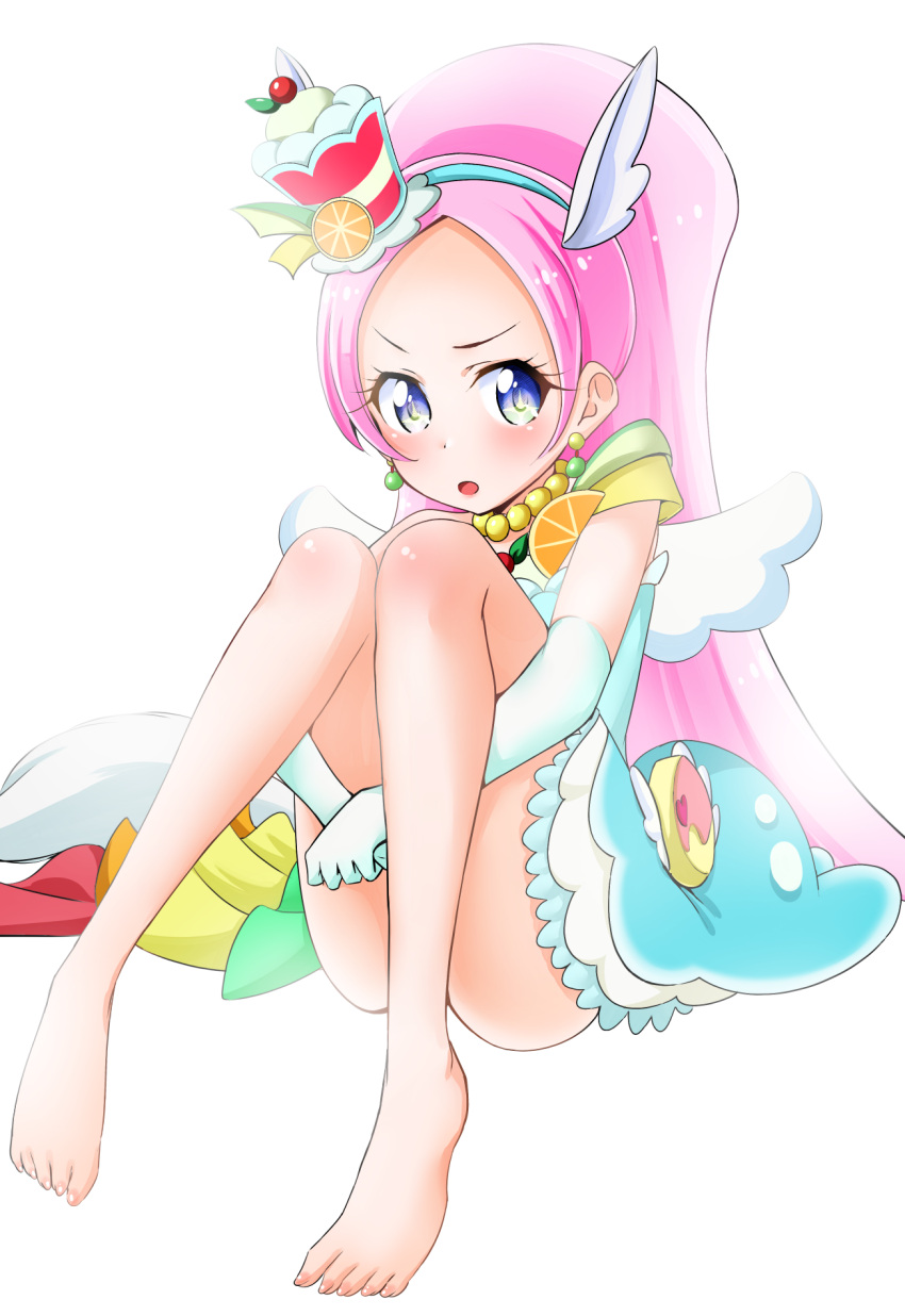 1girl animal_ears bare_shoulders berry blush chinese_commentary choker cure_parfait dress earrings elbow_gloves food food-themed_hair_ornament fruit fuyuzora gloves hair_ornament headband highres horse_ears jewelry kirakira_precure_a_la_mode kiwi_(fruit) leaf lemon long_hair looking_at_viewer multicolored_eyes open_mouth orange_(fruit) parfait pearl_choker pearl_earrings pink_hair ponytail precure simple_background sitting solo strapless strapless_dress white_background white_gloves white_wings wings