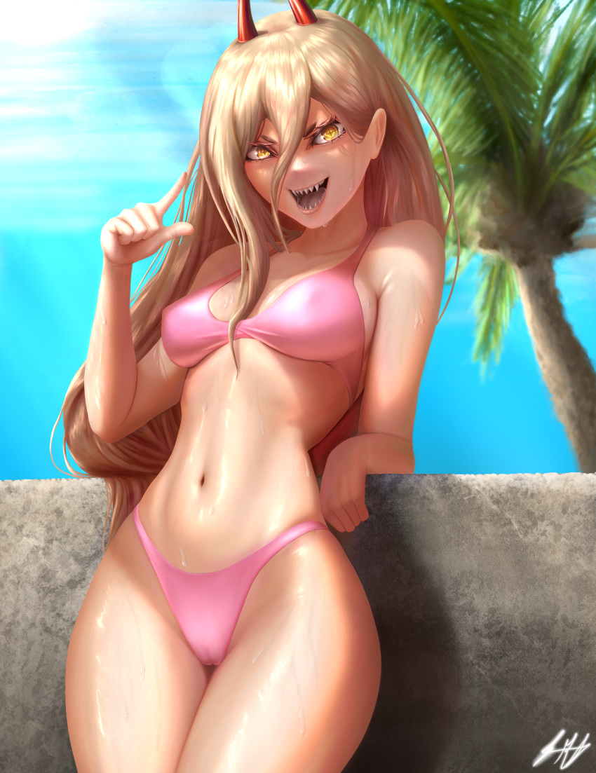 1girl absurdres against_wall beach bikini blonde_hair breasts chainsaw_man covered_nipples day hair_between_eyes highres horns leaning_back long_hair looking_at_viewer medium_breasts navel open_mouth outdoors palm_tree pink_bikini pointing power_(chainsaw_man) ryanofstatefarm sharp_teeth signature smile solo stomach stone_wall sweat swimsuit teeth tree water wide_hips yellow_eyes