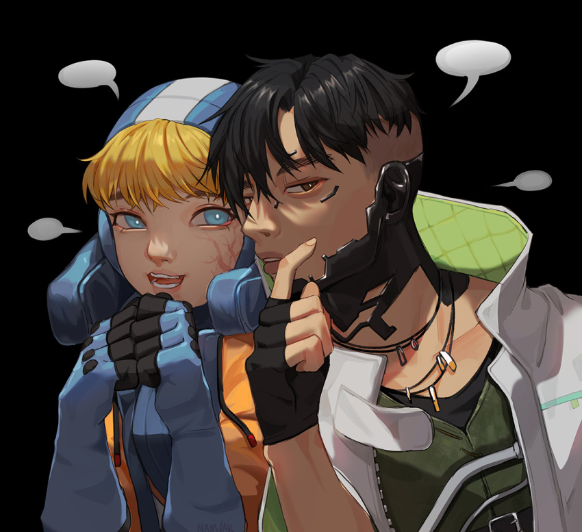 1boy 1girl apex_legends black_background black_gloves black_jacket black_shirt blank_speech_bubble blonde_hair blue_bodysuit bodysuit brown_eyes collarbone commentary crypto_(apex_legends) fingerless_gloves gloves green_vest hood hood_up hooded_bodysuit jacket jewelry looking_at_viewer namjak necklace orange_jacket ribbed_bodysuit shirt smile speech_bubble symbol-only_commentary vest wattson_(apex_legends) white_jacket