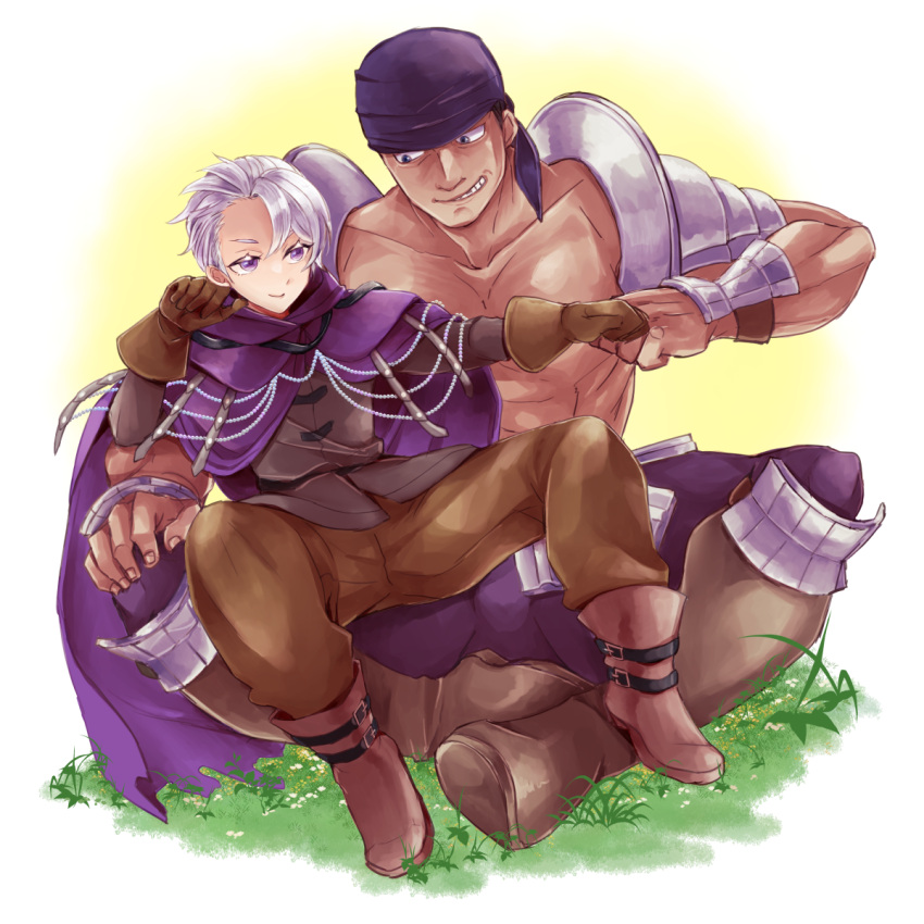 2boys affectionate armor armored_boots bishounen boots brown_gloves bruno_(unicorn_overlord) cloak colored_eyelashes commentary_request crossed_legs curtained_hair fantasy fist_bump full_body gloves grey_hair grin hair_slicked_back highres knee_boots leaning_on_person looking_at_another male_focus multiple_boys muscular muscular_male on_grass pectorals purple_bandana purple_cloak purple_eyes short_hair shoulder_armor simple_background sitting sitting_on_lap sitting_on_person size_difference sketch smile spread_legs teeth thick_eyelashes topless_male travis_(unicorn_overlord) two-tone_background unicorn_overlord white_background yellow_background yk_(waikeee)