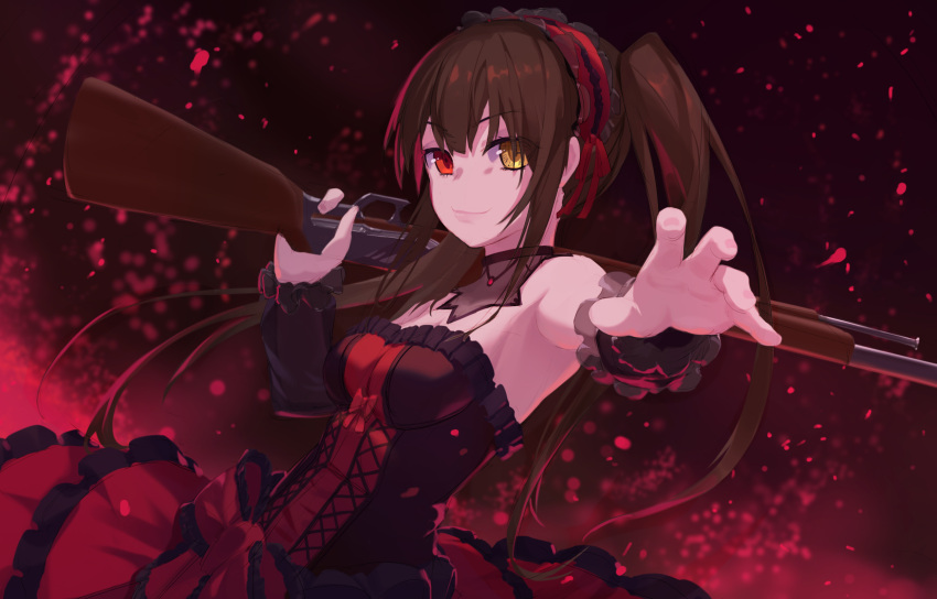 1girl alternate_costume antique_firearm bare_shoulders black_hair blush breasts cleavage clock_eyes date_a_live dress firelock flintlock gothic_lolita gun hair_between_eyes hairband heterochromia highres lolita_fashion lolita_hairband long_hair looking_at_viewer medium_breasts open_mouth red_eyes roman_numeral smile solo symbol-shaped_pupils tokisaki_kurumi twintails v.ghost weapon yellow_eyes